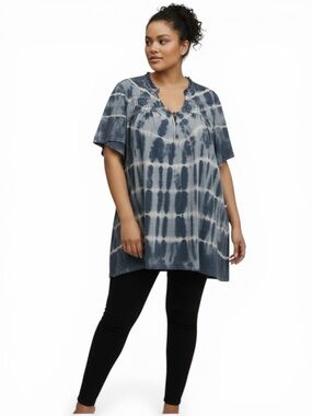 NWT Intro Blue Tie Dye Cotton Tunic Top Button Front Short Sleeve Flowy Plus 3X